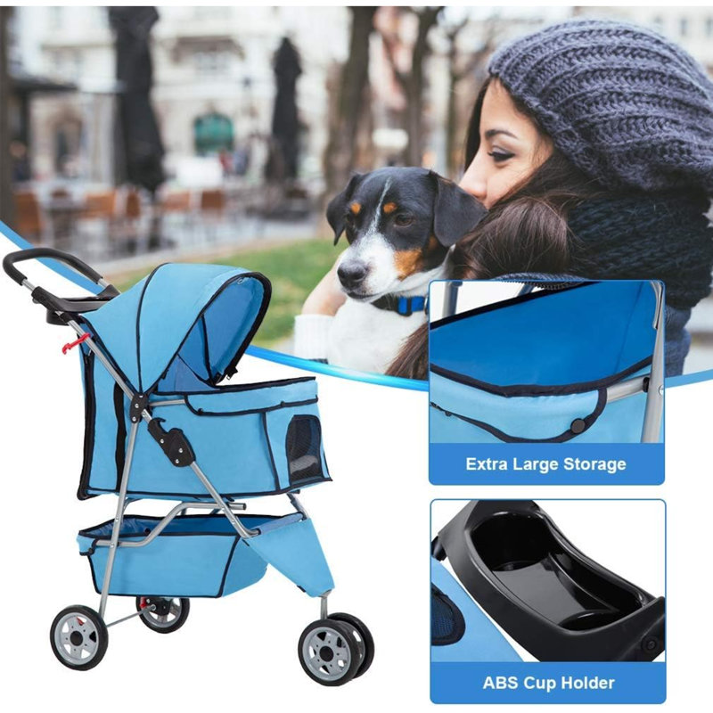 Blue 3-Wheel Folding Pet Stroller for Dogs