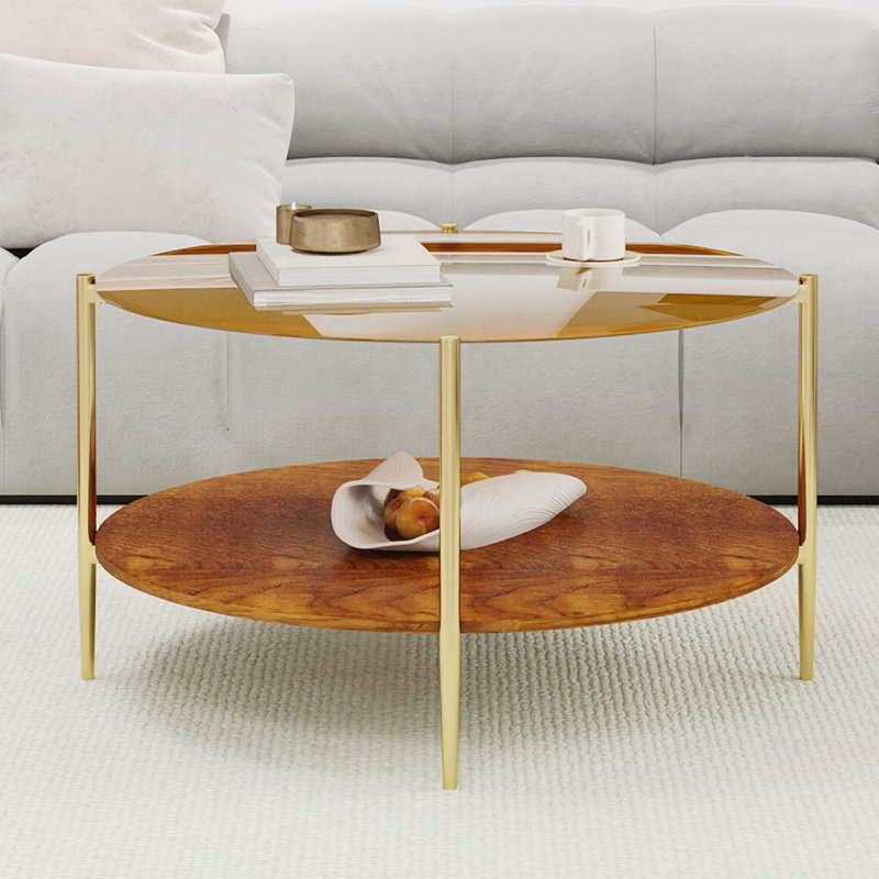 Luxueuse table basse ronde avec plateau en verre trempé doré + tablette de rangement en bois de noyer, pieds robustes en métal doré, 32,28 po de diamètre, centre de table élégant pour le salon moderne