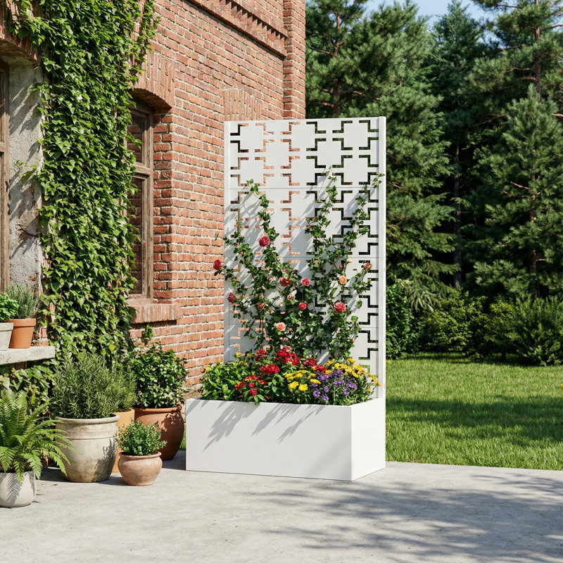 Metal Planter Box with Trellis, white