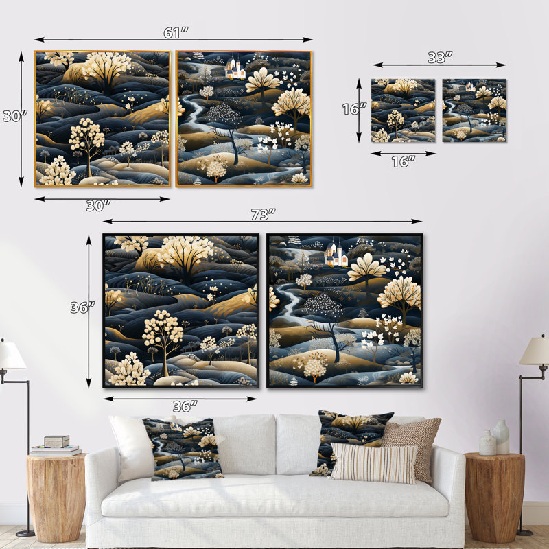 Hamdi - Ensemble de 2 collage paysage carré, Cadre flottant noir, H 16 po x l 33 po