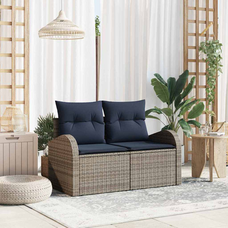  Canapé de jardin 2 places avec coussins en rotin de polyester gris, Gris