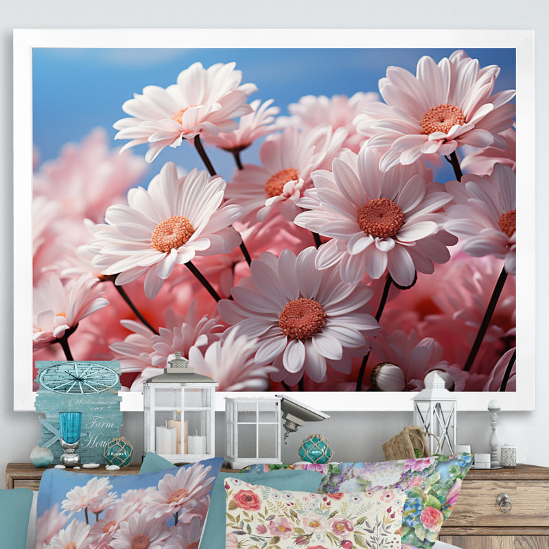 «Pink Whispering Daisies I», reproduction, H 30 po x l 40 po x P 1,5 po, Cadre simple blanc