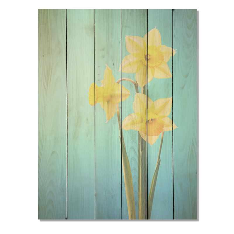 Jonquilles jaunes et vertes - Art mural en bois jonquilles sur bois de pin naturel, H 40 po x l 30 po