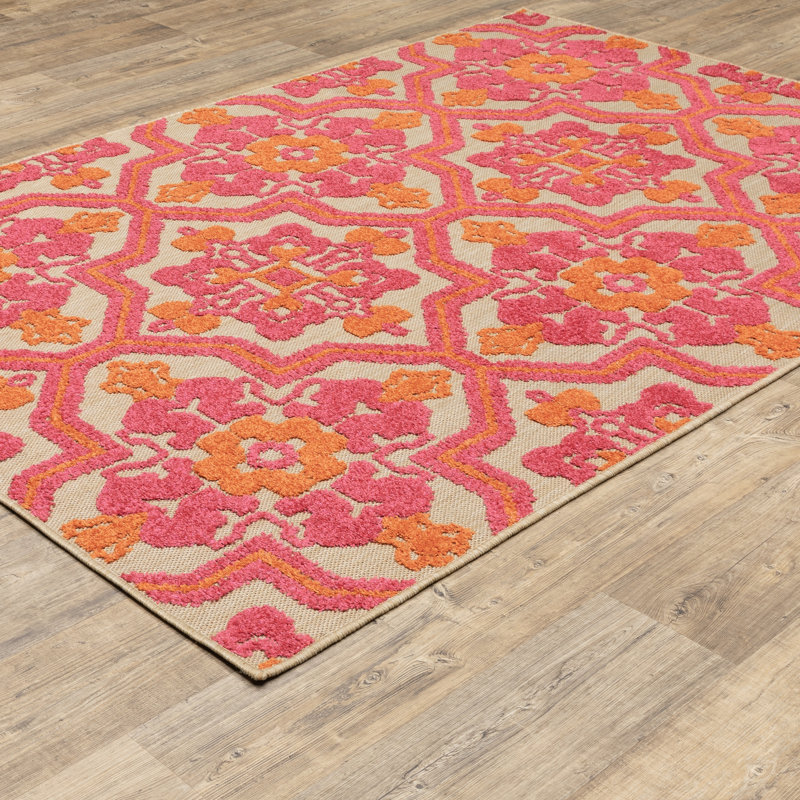 Tapis oriental intérieur / extérieur sable / rose / orange Laub, Rectangle 7 pi 10 po x 10 pi 10 po