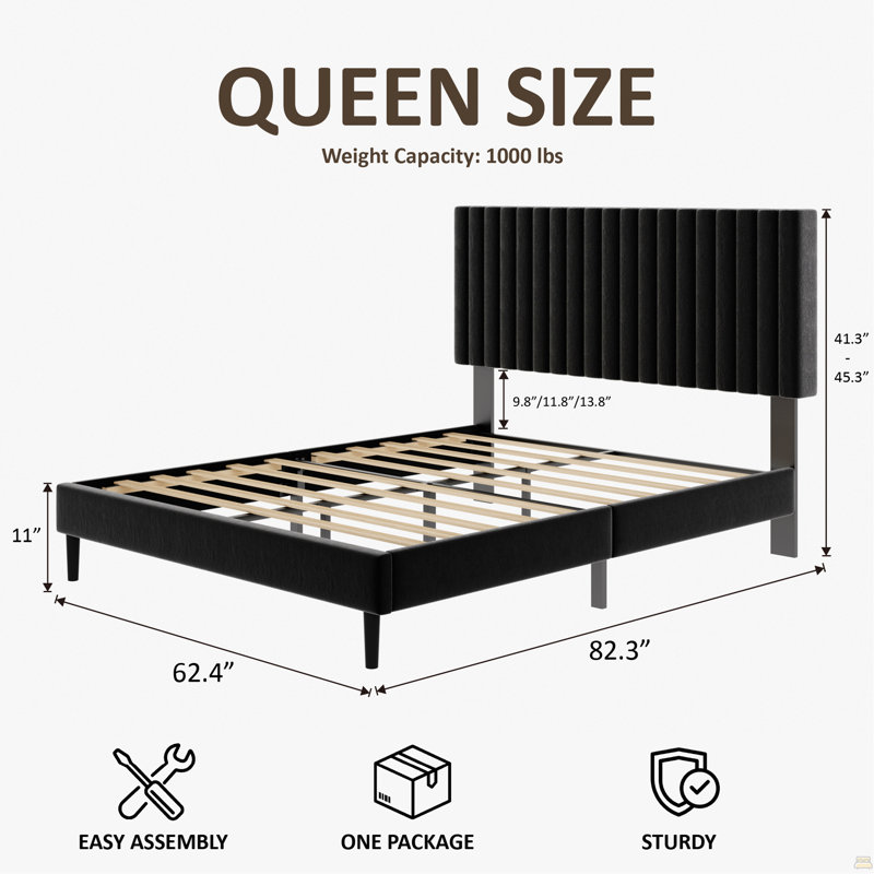 Structure de grand lit, lit plateforme tapissier en velours avec tête de lit réglable en hauteur, structure robuste et lattes, conception silencieuse, compatible avec les matelas sans ressorts, facile à assembler, noir