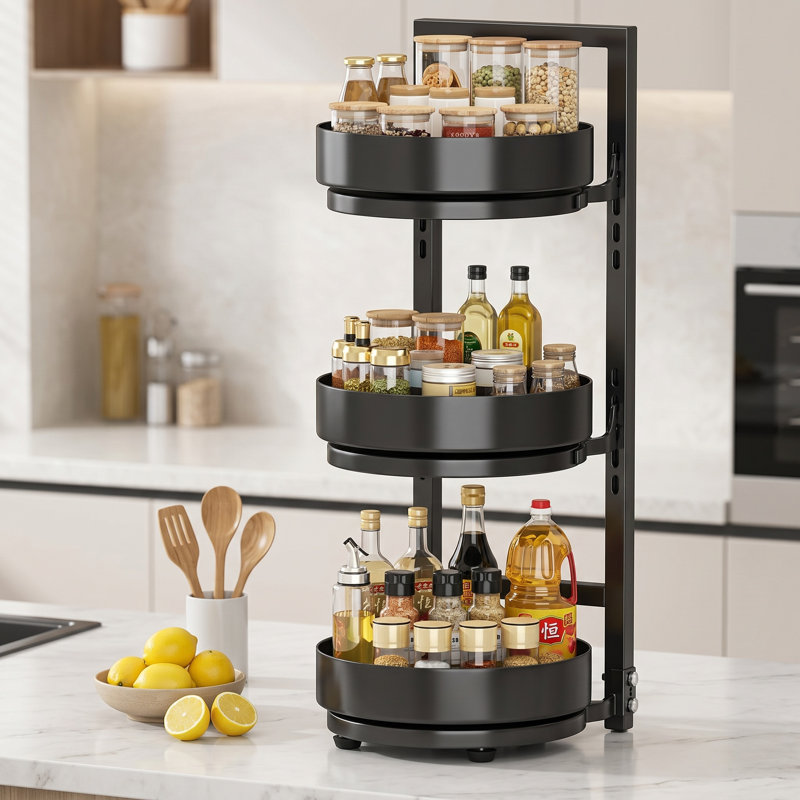 Étagère à épices rotative à trois niveaux, organisateur d'assaisonnement, étagère de rangement, Black