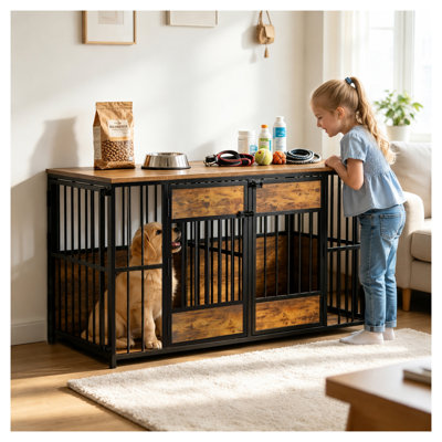 Mobilier de caisse en bois brun antique avec plateau de rangement et bar en métal
