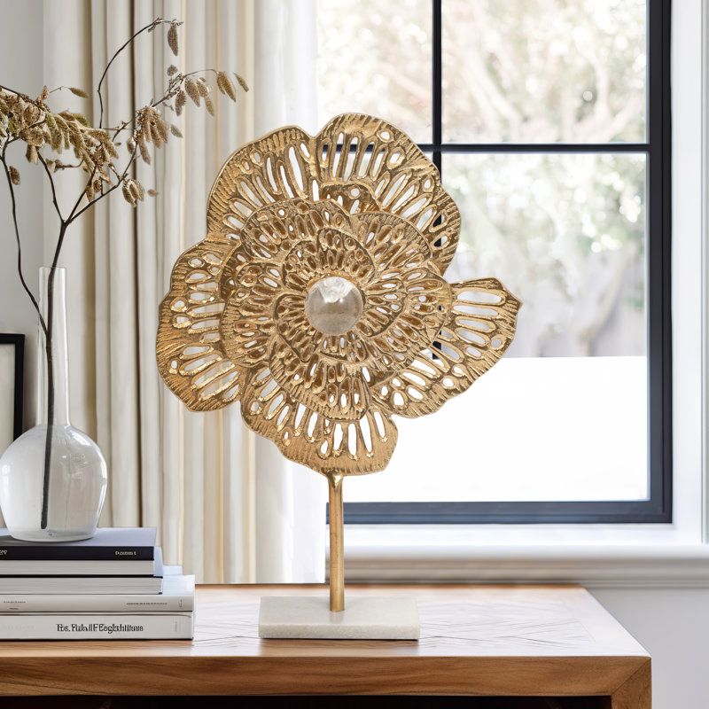 Aluminum Salma Gold Flower Statuary - Elegant Decorative Object, 23" H x 18" W x 4" D