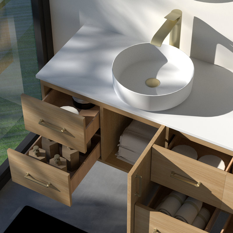 Meuble-lavabo mural 84 po avec comptoir en pierre de quartz blanc et double vasque ronde en céramique