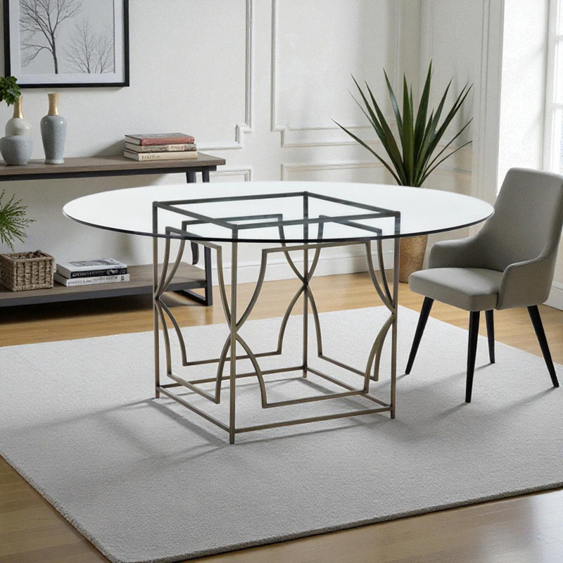 Pangea Home Benson Edward 60" Round Glass Top Metal Base Dining Table - 6 Person - Modern, Contemporary, Glam Dining Table – Tempered Glass Top with Steel Frame for Kitchen, Dining Room, Office - Brass Round Dining Table