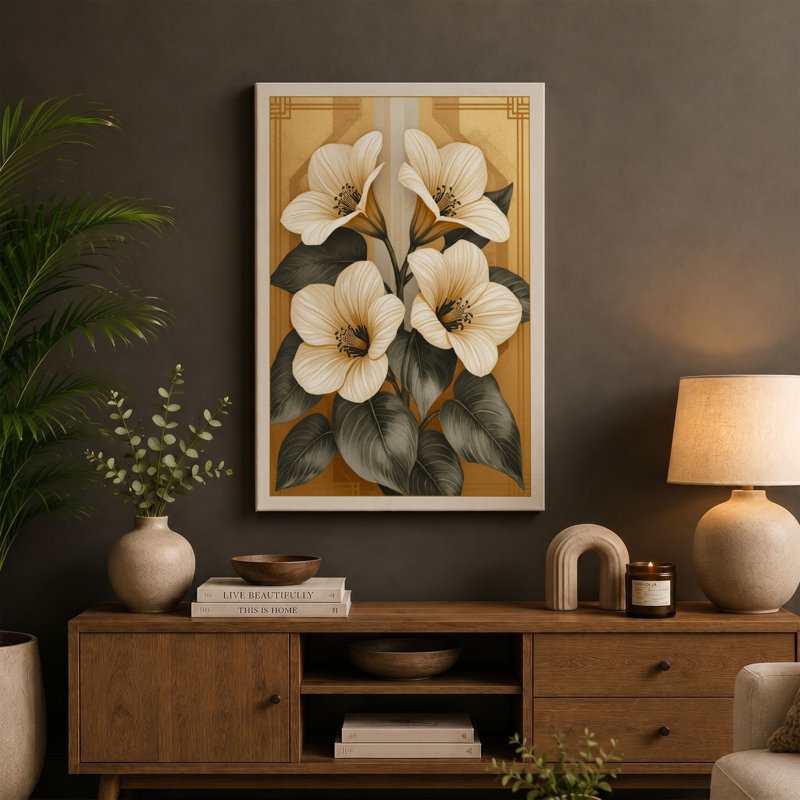 White Blooms in Gold Frame Botanical - Wrapped Canvas, 24x16 - 61.0 x 40.6 cm, Cream Border