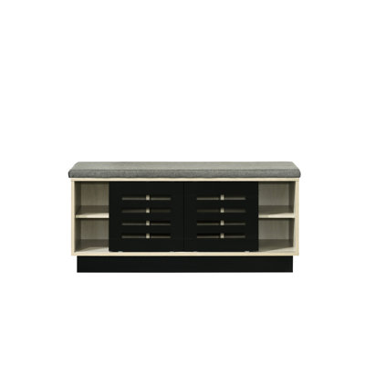 Modern-Looking Shoe Cabinet With Upholstered Top And Sliding Door Feature