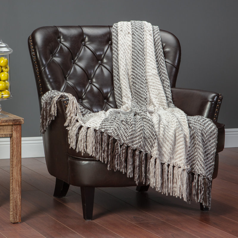Taupe and Cream Knitted Chenille Throw Blanket with Fringe