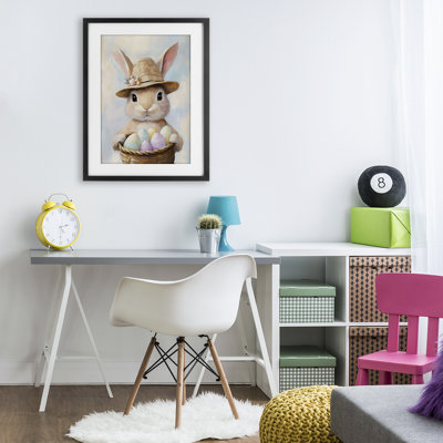 Lapin avec panier d'oeufs de Pâques, reproduction imprimée sous verre, design par The Prints Vibe