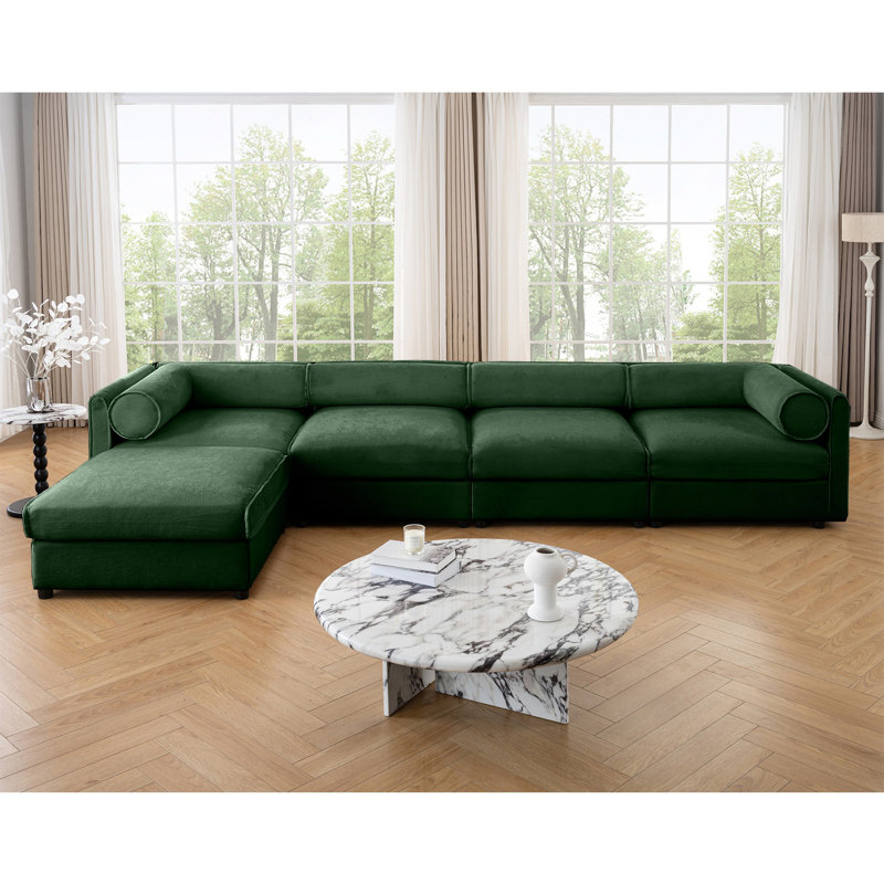 Upholstered Loveseat Sofa With Ottoman, Green Chenille, 27.9" H x 142.5" W x 37.4" D