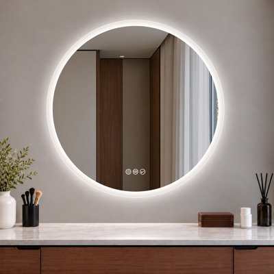 Round LED Bathroom Vanity Mirror with Bluetooth Speaker, Tempered Mirror, Dimmable, Anti-Fog, Touch Control