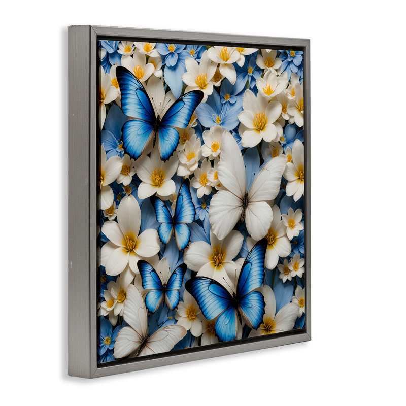 Blue & White Floral Butterflies Brown Framed Floater Canvas Wall Art by Yuri Khrushch, Cadre flottant gris lustré