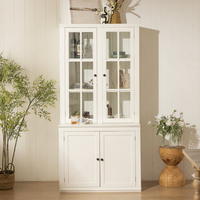 75.25'' Tall Display Cabinet With Double Glass Doors, Traditional Style China Cabinet Hutch Cabinet For Hallways Living Room, Kitchen, Home, Studio Or Workspace - White