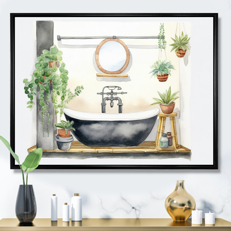 «Natural Bathroom Decor I», reproduction sur toile, Cadre flottant noir, H 34 po x l 44 po x P 1,5 po