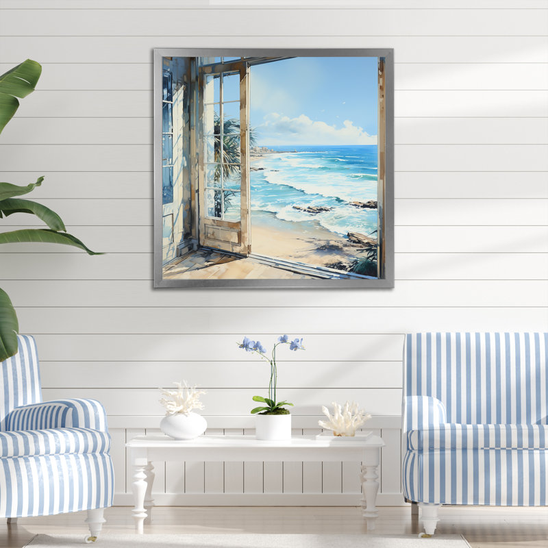 «Coastal Window View By The Beach II» - art mural côtier, Toile tendue, H 36 po x l 36 po x P 1,5 po