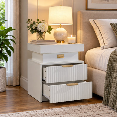 Ridged Beside Storage Cabinet Bedside Table with Light Strip and Rechargeable Plug