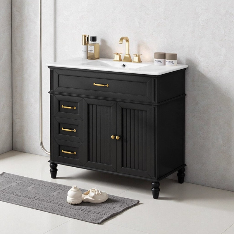 Meuble-lavabo noir 36 po avec lavabo, meuble autoportant moderne avec tiroirs et structure en bois massif, comptoir en céramique pour la rénovation de la salle de bain