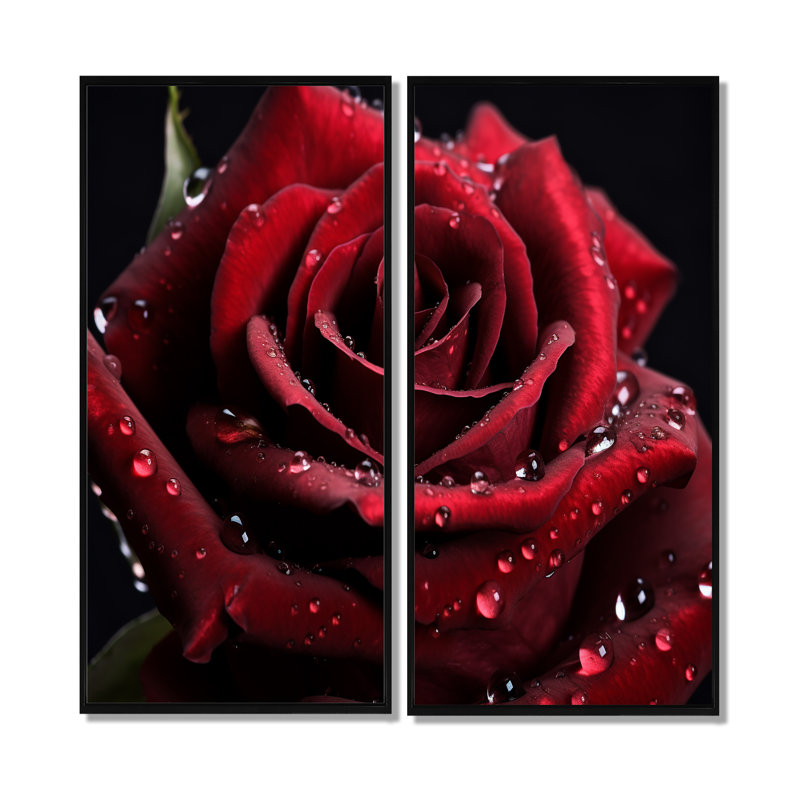 Rose rouge avec gouttes de pluie II - art mural rouge 2 panneaux, H 20 po x l 24 po, Reproduction encadrée sans passe-partout