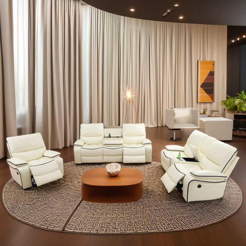 Maple White Vegan Leather 3-Pieces  Reclining  Sectioanal Living Room Sofa Set With Cup-Holders ,Wireless Charging And LED Lights