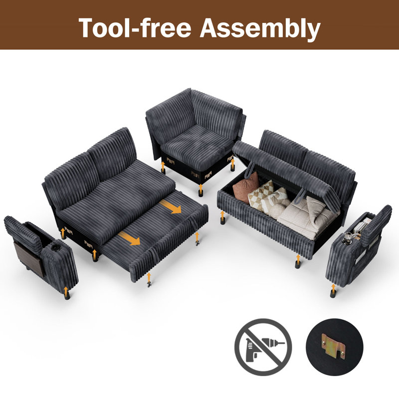 85" Sectional Sofa Couch With Pull Out Bed, 5 Seat L Shaped Pull Out Couch Bed With Usb Ports, Modular Sleeper Sofa Bed, Large Sectional Couches For Living Room