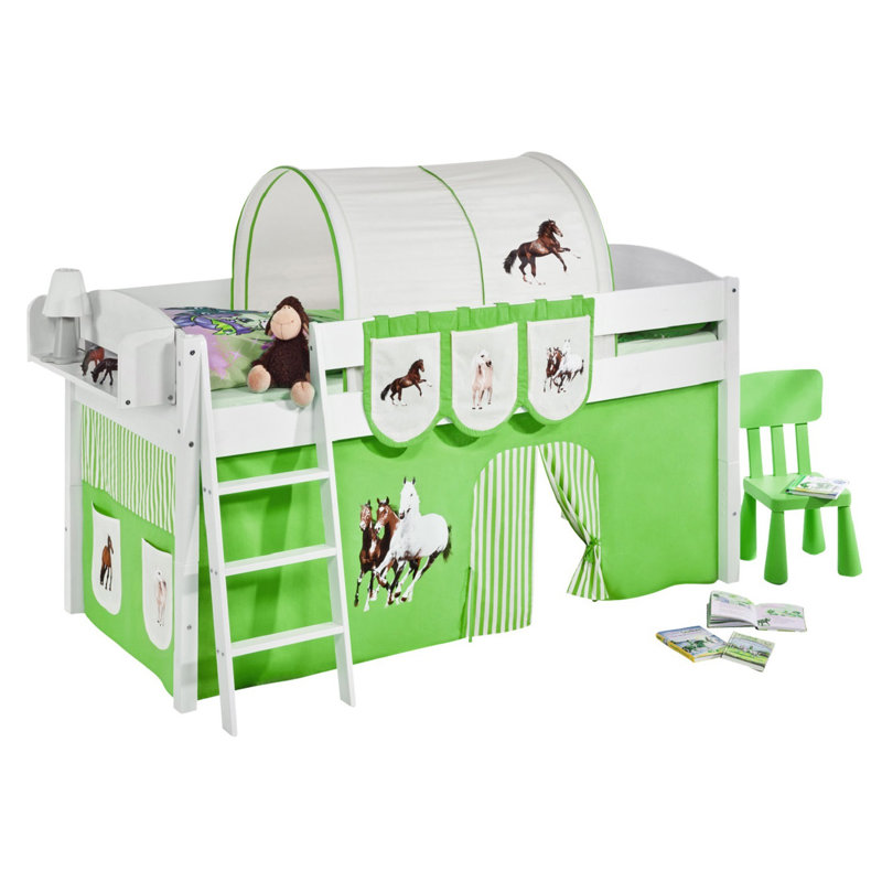 Pferde European Single (90 x 200cm) Mid Sleeper Bed with Curtain, Green / Beige