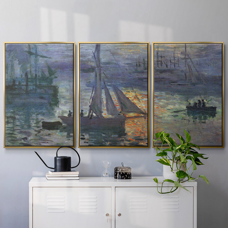 «Sunrise At Sea» par Monet, reproduction sur toile 3 pièces, Or, H 24 po x l 48 po x P 2 po