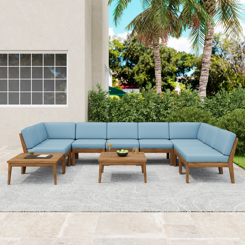 Solvara 10-Piece Modern Rustic Acacia Wood Outdoor Sectional Set With Coffee Table, Blue