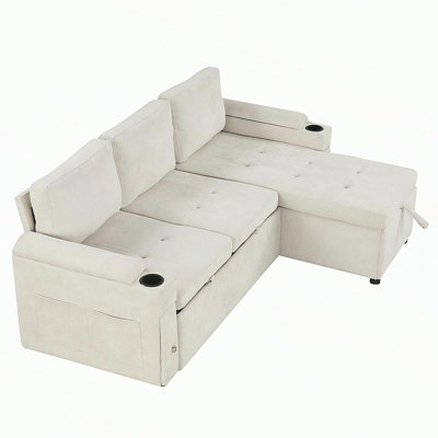 L-shaped Convertible Sofa Bed With Reversible Chaise Lounge, Two Cup Holders, Two Usb Ports And Ample Storage Space