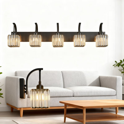 Modern 5-Light Bathroom Vanity Light With K9 Crystal Shades, 42.5 Inch Black Wall Sconce For Mirror Makeup And Hallway Lighting, Easy Installation