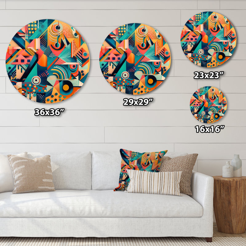 «Blue and Orange Retro Boundaries II», art mural rond abstrait géométrique sur métal, H 16 po x l 16 po x P 1 po