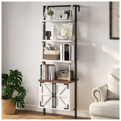 Farmhouse  Wall Mounted 71" Tall Ladder Bookshelf With Storage