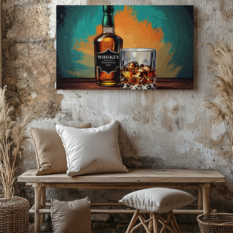 Toile, vue rapprochée présentant une bouteille de whisky avec une silhouette classique, H 20 po x l 20 po
