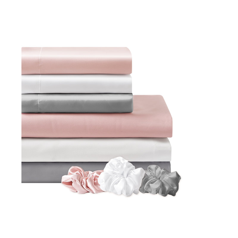 Ensemble de draps 7 pièces avec accessoires en satin, Argent, Double