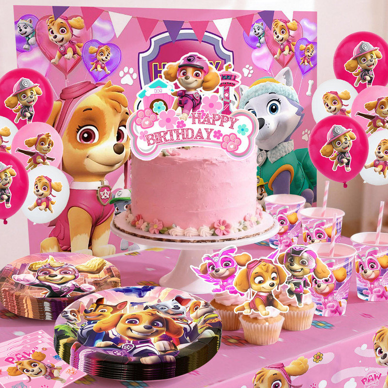 Pink Paw Patrol Birthday Decorations Party Supplies,98pcs Pink Paw Patrol Party Decorations & Pink Paw Patrol Tableware Set