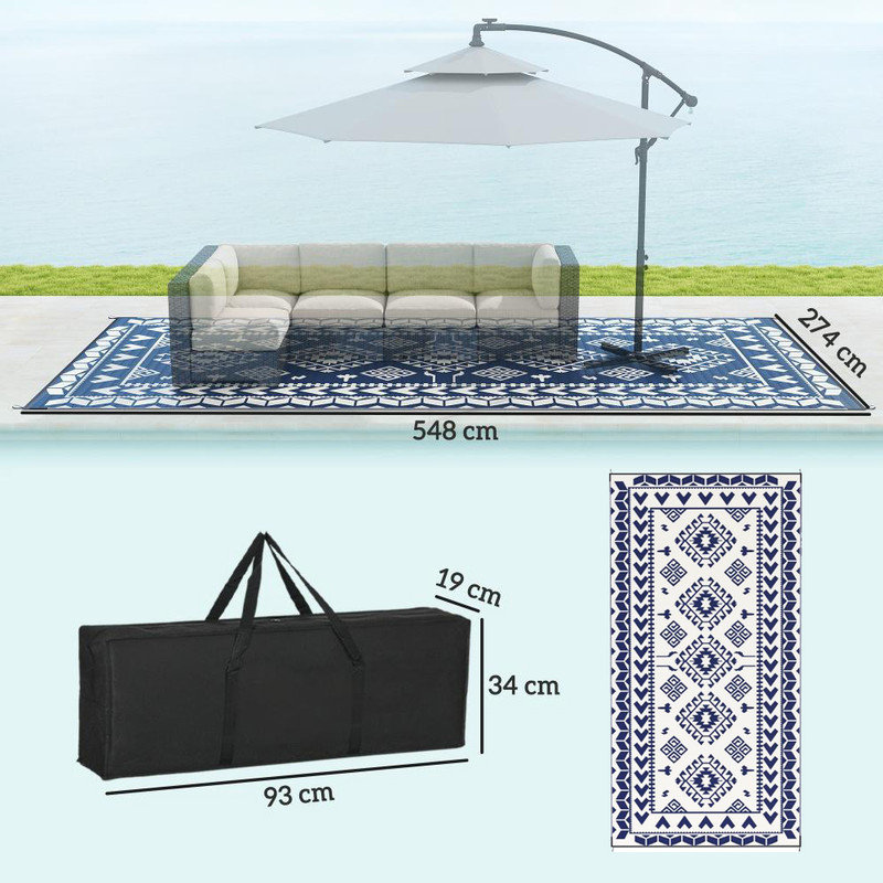 Tapis d'extérieur imperméable très grand 9 pi x 18 pi avec très grand tapis de camping réversible avec sac de transport, motif losange losange bleu et blanc, tissu doux et polypropylène pour véhicule récréatif, tente et terrasse moderne bord de mer