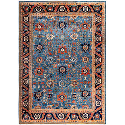 Tapis unique noué à la main Raffin - bleu, 9 pi 10 po x 13 pi 9 po Raffin