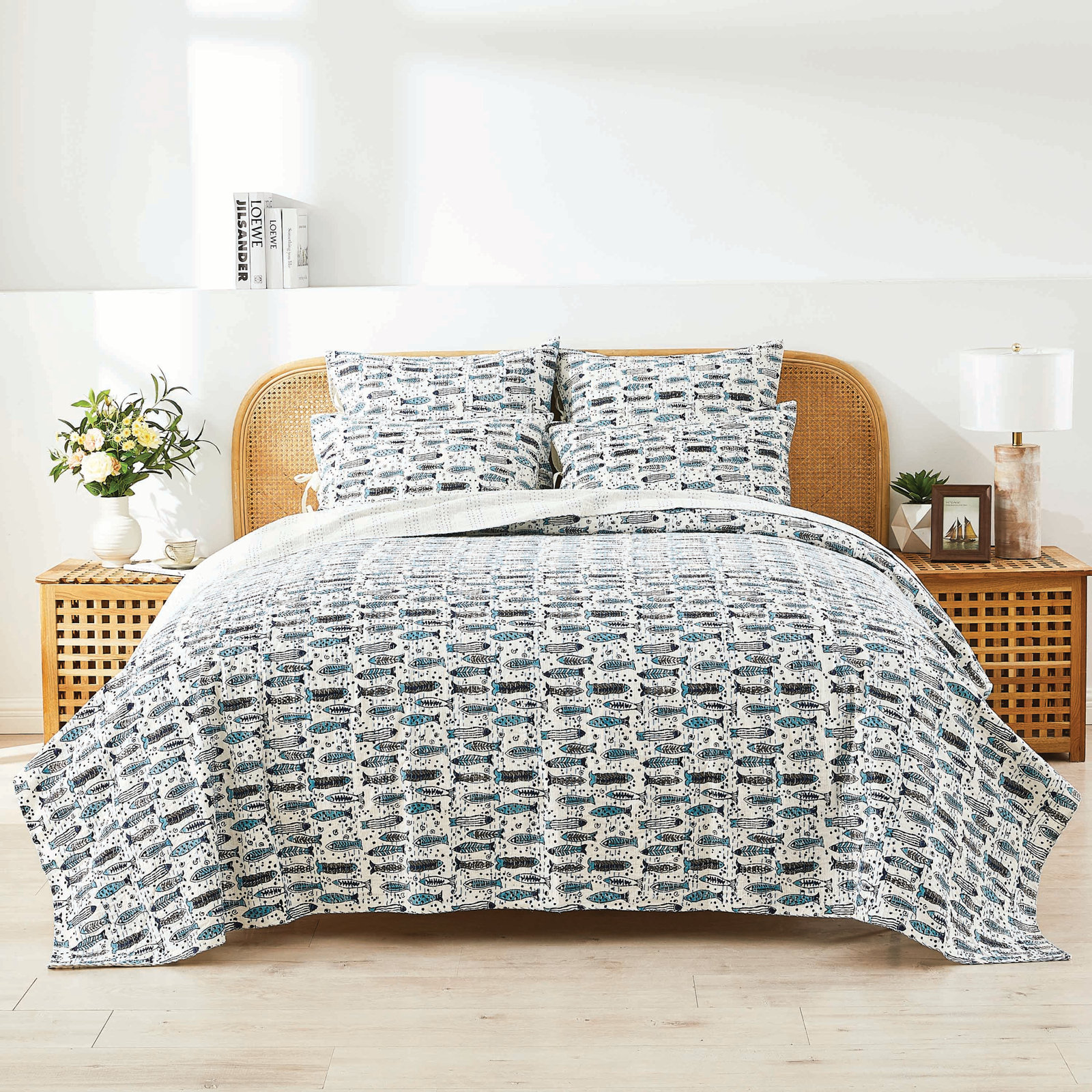 Handstitched Fish Print Kantha Coverlet, King