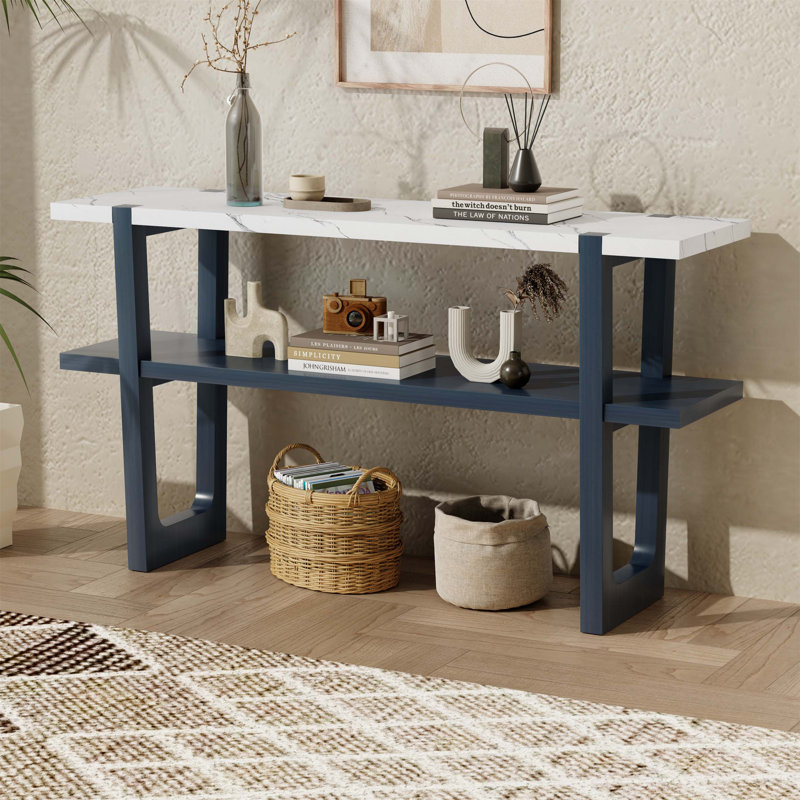 Console étroite avec plateau en marbre, table d'entrée rétro avec tablette ouverte, Marine