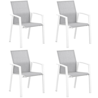Chaises de patio blanches en aluminium de 4 personnes, entièrement assemblées en filet respirant, empilables et d'une capacité de poids de 360 lb, support ergonomique, idéales pour les 4 personnes qui résident dans des appartements, sièges en filet, peu encombrant,