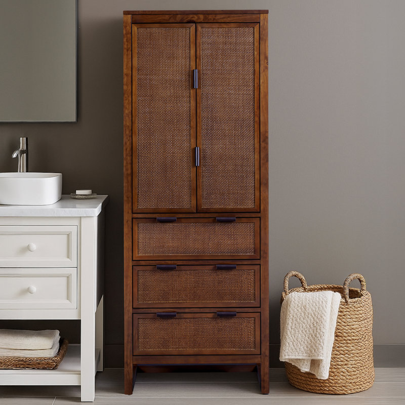 Armoire de rangement en bois massif avec tiroirs, portes incrustées en rotin et tablettes réglables Ameer, Noyer
