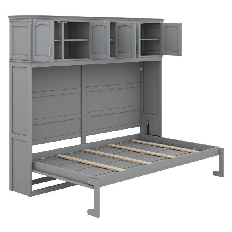 Full Murphy/Wall Bed With Upper Storage Cabinets, Gray