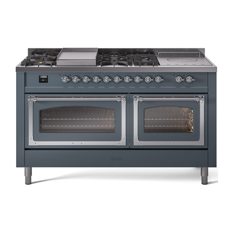 ILVE Nostalgie II Noblesse 60 po à 2 brûleurs, plaque chauffante, plaque de cuisson française, Gris-bleu / chrome