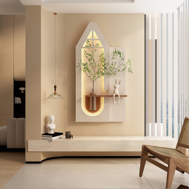 Décoration murale avec art 3D, DEL réglables, plantes simulées, vase en verre, statue de lapin, conception de bricolage, éclairage télécommandé, pour les salons modernes, couloir et pièce 3 couleurs