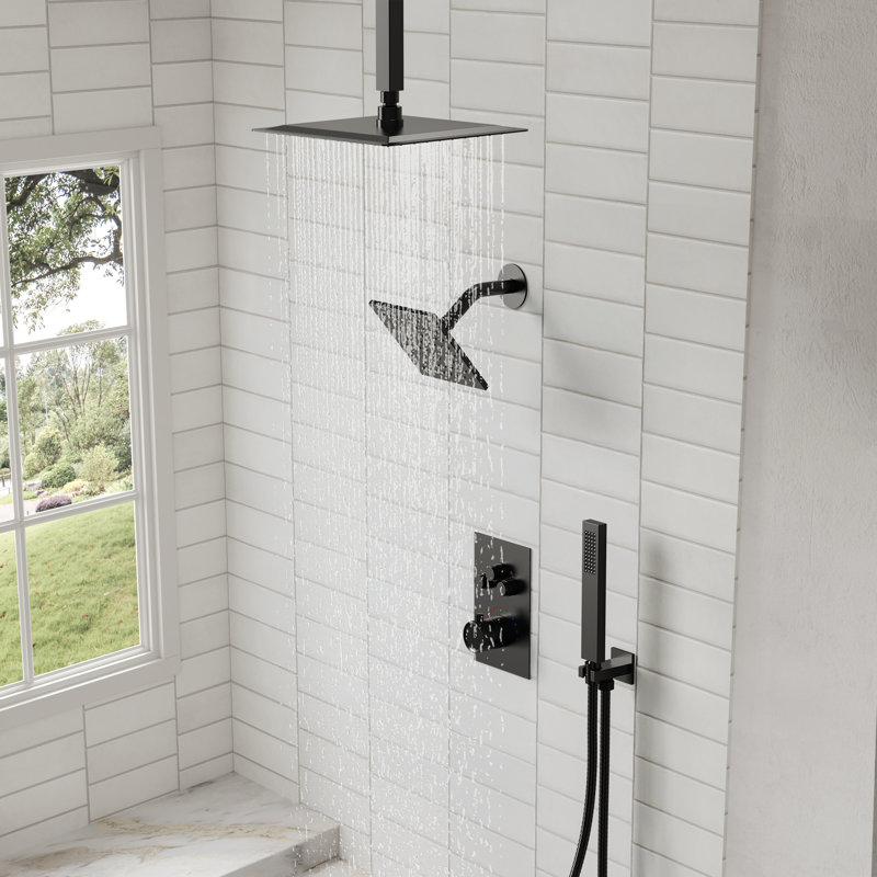 Robinet de douche à pluie haute pression de plafond de 12 po, système de pomme de douche à double effet de pluie avec valve thermostatique
