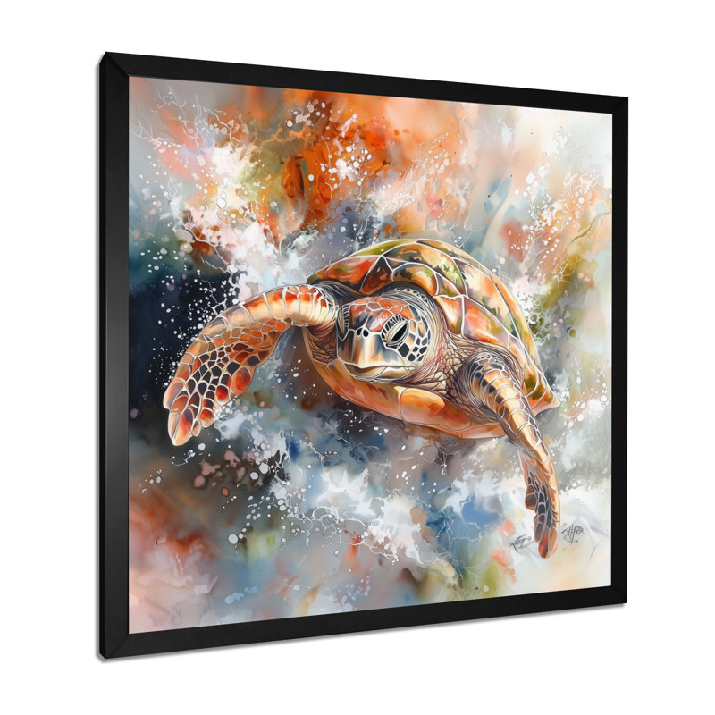Océan Turtle Journey I - Décoration murale tortue, Reproduction encadrée d'une seule photo sans pass, Noir, H 16 po x l 16 po